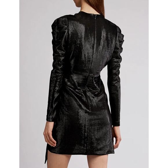 Jonathan Simkhai Metallic Dress V-Neck Puff Sleeve Belted Faux Wrap, Black - Picture 5 of 15